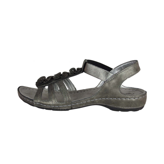 Silver sandal with a strap on a white background