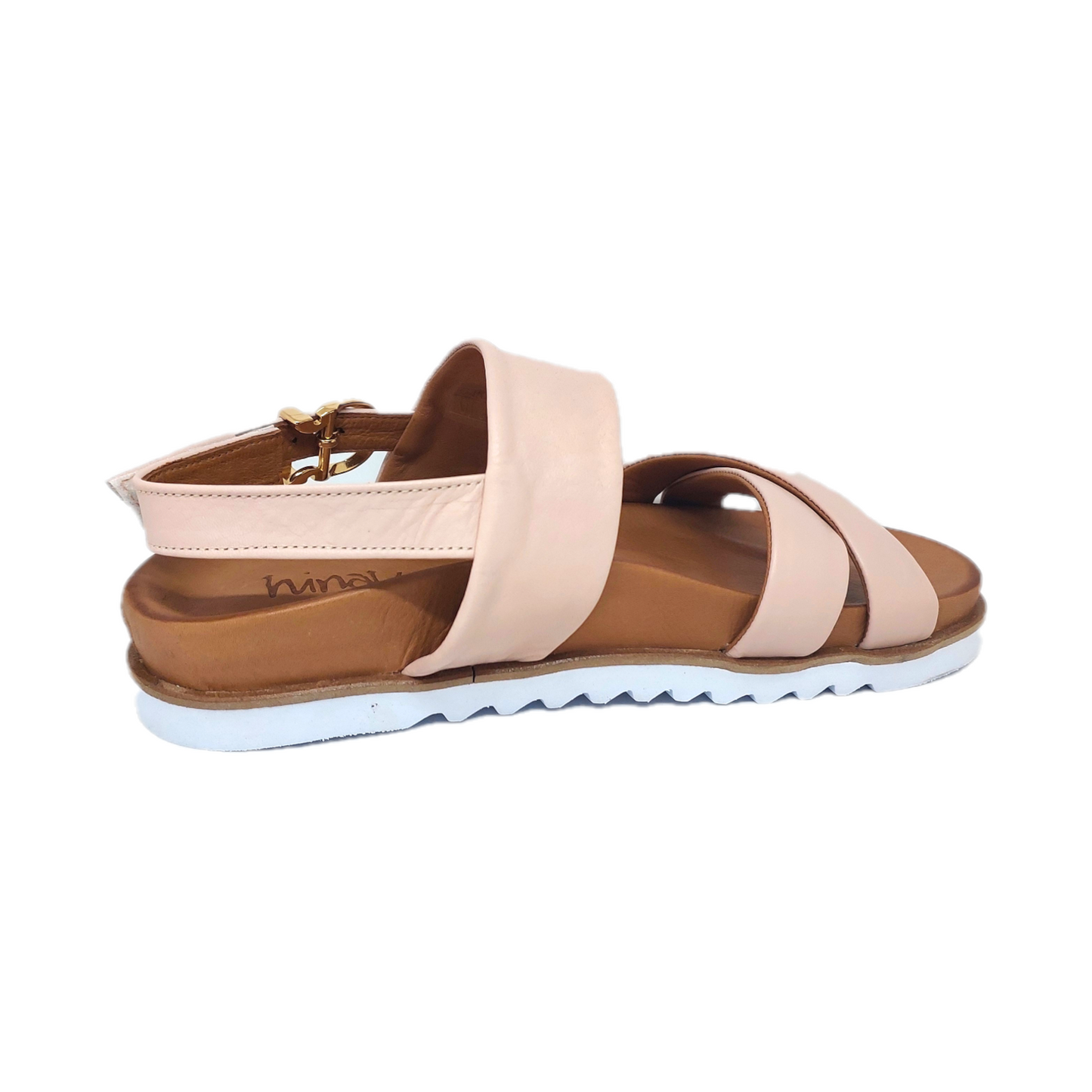 Women's soft pink strappy sandal with buckle strap
