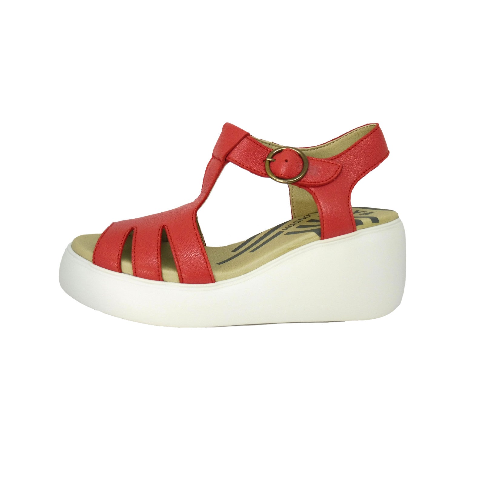 Raspberry leather fisherman sandal on a wedge sole