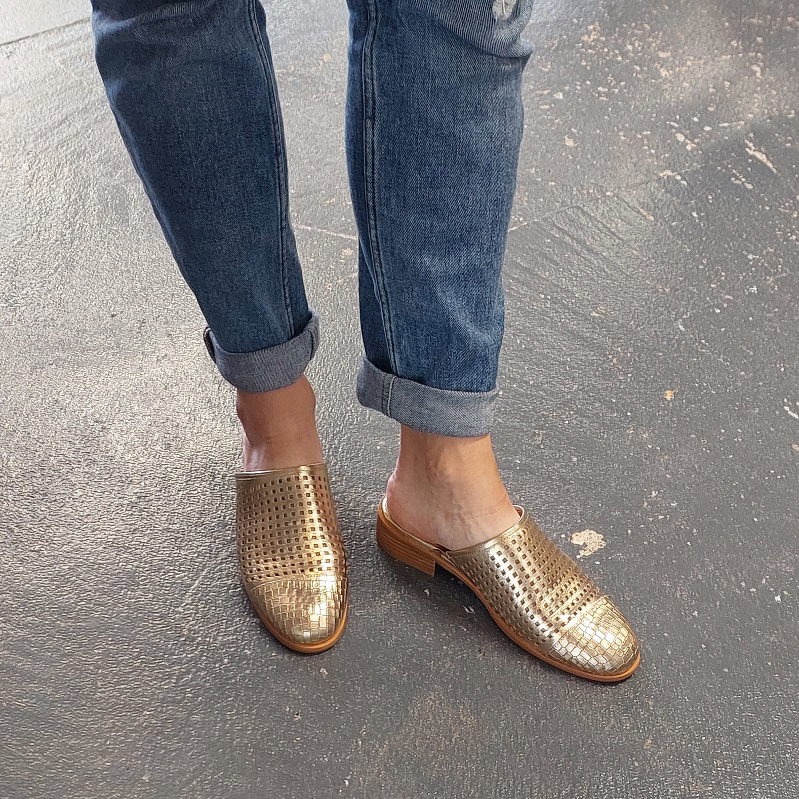 Women's gold punched leather mule