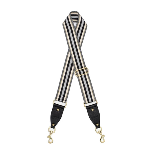 Detachable bag strip with a silver, gold and black stripe pattern