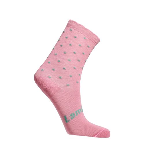 Lamington childs merino crew sock in pink and grey spots