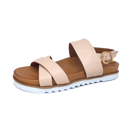 Women's soft pink strappy sandal with buckle strap