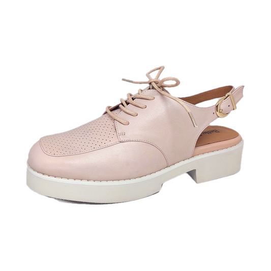 Women's soft pink slingback with laces and a buckle strap