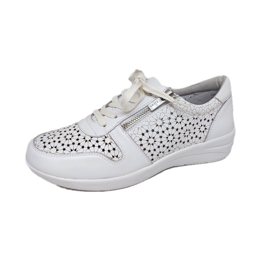 Women's Ziera white punched leather sneaker with laces and side zip