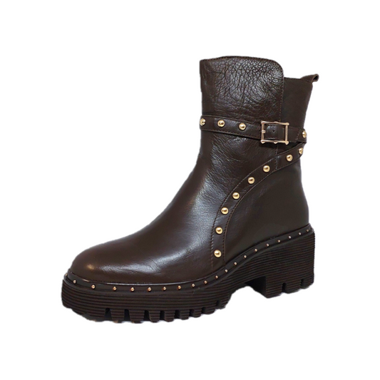 Django and Juliette women's chocolate leather boot with gold stud detailing and an inside zip.