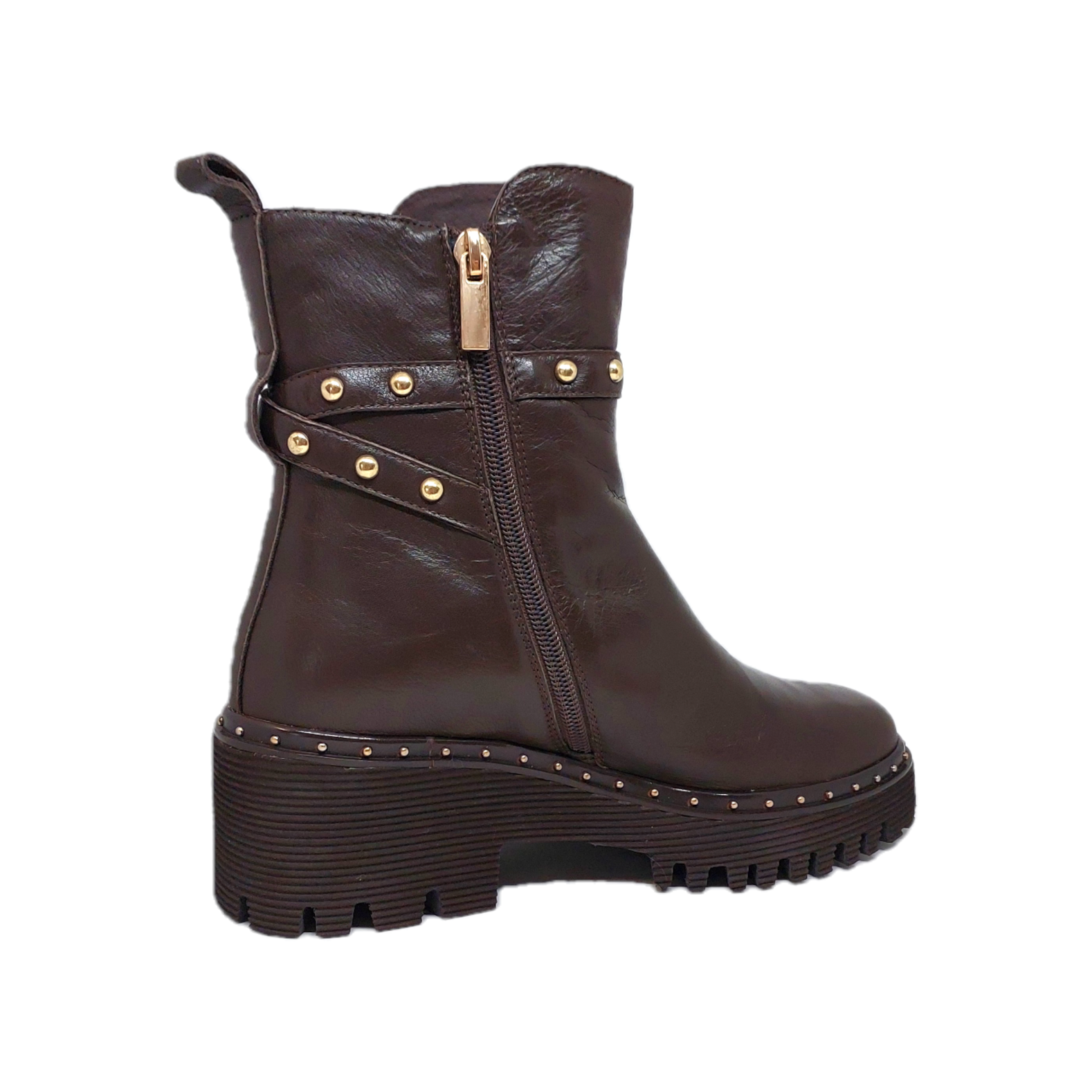 Django and Juliette women's chocolate leather boot with gold stud detailing and an inside zip.