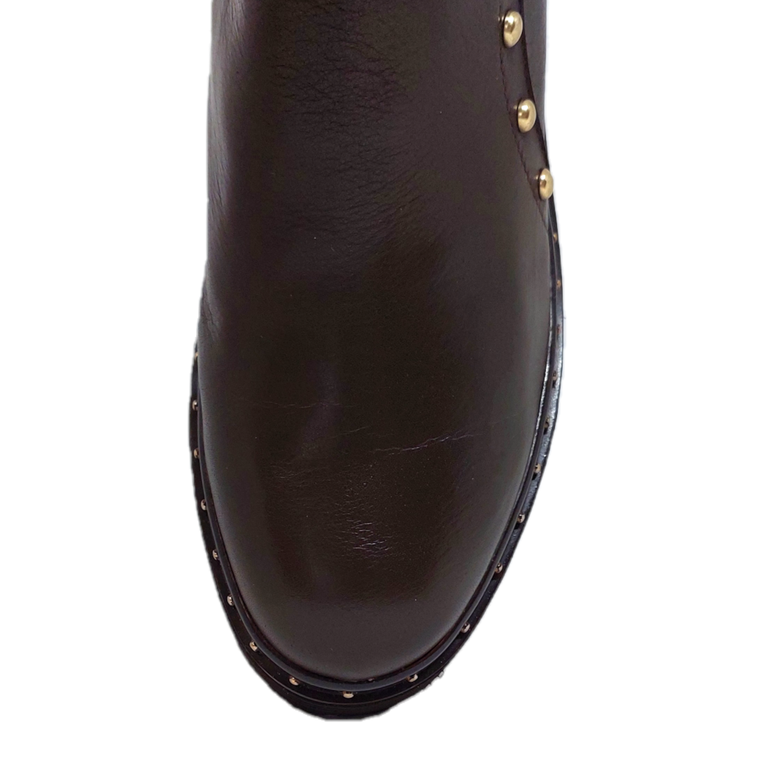 Django and Juliette women's chocolate leather boot with gold stud detailing and an inside zip.