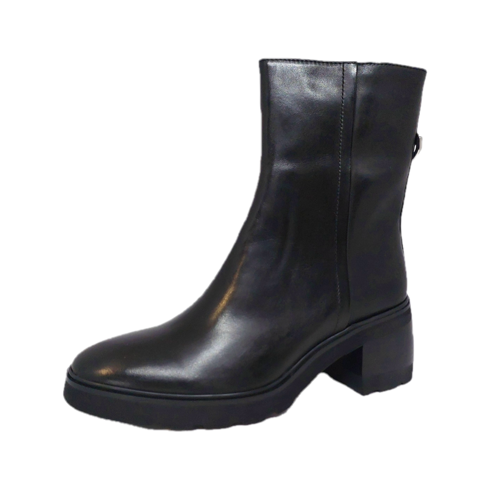 Women's EOS black leather boot with block heel and inside zip