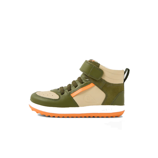 Green and beige sneaker with orange accents on a white background