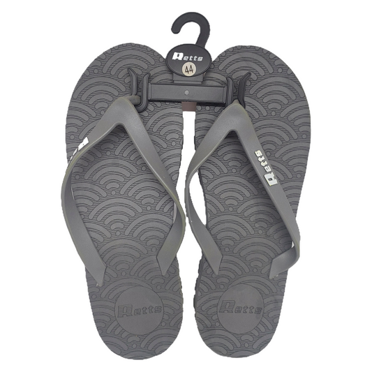 Pair of gray Mens flip-flops on a hanger with 'Retts' branding.